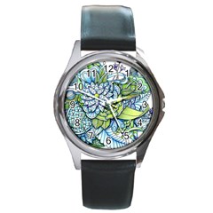 Peaceful Flower Garden Round Leather Watch (silver Rim) by Zandiepants