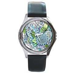 Peaceful Flower Garden 2 Round Leather Watch (silver Rim) by Zandiepants