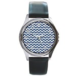 Dark Blue And White Zigzag Round Leather Watch (Silver Rim) Front