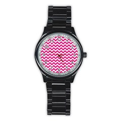 Hot Pink And White Zigzag Sport Metal Watch (black)