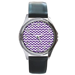 Purple And White Zigzag Pattern Round Leather Watch (silver Rim)