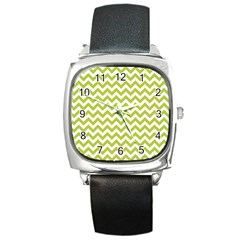 Spring Green And White Zigzag Pattern Square Leather Watch by Zandiepants