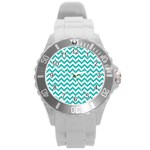 Turquoise And White Zigzag Pattern Plastic Sport Watch (Large) Front