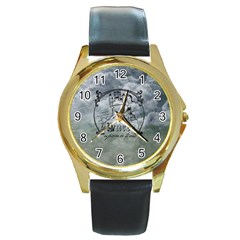 Once Upon A Time Round Leather Watch (gold Rim)  by StuffOrSomething