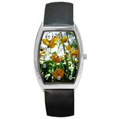 Yellow Flowers Tonneau Leather Watch