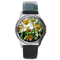 Yellow Flowers Round Leather Watch (silver Rim)