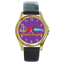 Peace Love & Zeppelin Round Leather Watch (gold Rim)  by SaraThePixelPixie