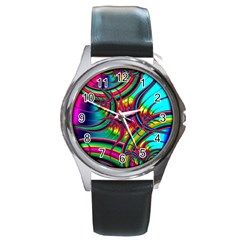 Abstract Neon Fractal Rainbows Round Leather Watch (silver Rim) by StuffOrSomething