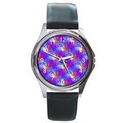 Rainbow Led Zeppelin Symbols Round Leather Watch (silver Rim) by SaraThePixelPixie