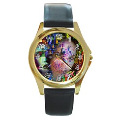 Artistic Confusion Of Brain Fog Round Leather Watch (gold Rim)  by FunWithFibro