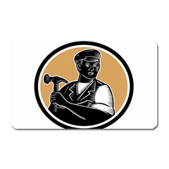 Carpenter Holding Hammer Woodcut Magnet (rectangular) by retrovectors