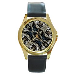 Fancy Ornament Print Round Leather Watch (gold Rim)  by dflcprints