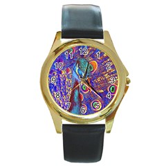 Peacock Round Leather Watch (gold Rim)  by icarusismartdesigns