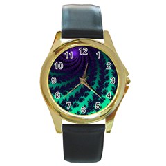 Sssssssfractal Round Leather Watch (gold Rim)  by urockshop