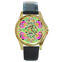 Florescent Abstract  Round Leather Watch (gold Rim)  by OCDesignss