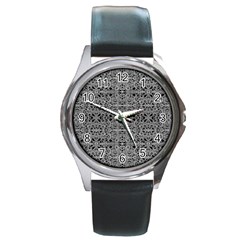 Cyberpunk Silver Print Pattern  Round Leather Watch (silver Rim) by dflcprints