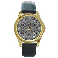 Cyberpunk Silver Print Pattern  Round Leather Watch (gold Rim)  by dflcprints