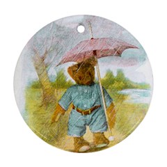 Vintage Drawing: Teddy Bear In The Rain Round Ornament by MotherGoose