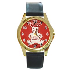 Cute Bunny Happy Easter Drawing Illustration Design Round Leather Watch (gold Rim)  by dflcprints