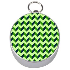 Green Modern Retro Chevron Patchwork Pattern Silver Compass by GardenOfOphir