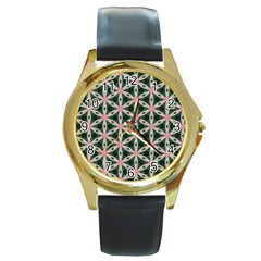 Cute Pretty Elegant Pattern Round Leather Watch (gold Rim) 