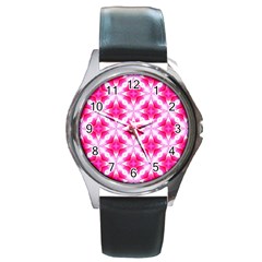 Cute Pretty Elegant Pattern Round Leather Watch (silver Rim)