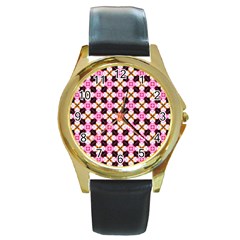 Cute Pretty Elegant Pattern Round Leather Watch (gold Rim) 