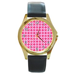 Cute Pretty Elegant Pattern Round Leather Watch (gold Rim)  by GardenOfOphir