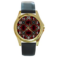 Cute Pretty Elegant Pattern Round Leather Watch (gold Rim) 