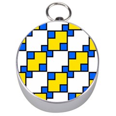 Yellow And Blue Squares Pattern  Silver Compass