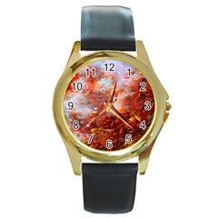 Star Dream Round Leather Watch (gold Rim)  by icarusismartdesigns