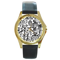 Robot Crowd Round Leather Watch (gold Rim)  by ArtistRoseanneJones