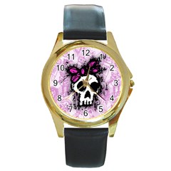 Sketched Skull Princess Round Leather Watch (gold Rim) 