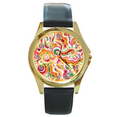 Sunshine Swirls Round Leather Watch (gold Rim)  by KirstenStar