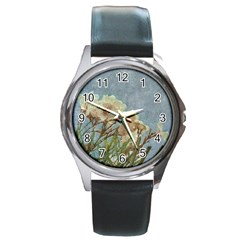 Floral Grunge Vintage Photo Round Leather Watch (silver Rim)