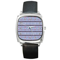 Fancy Tribal Border Pattern Blue Square Metal Watches