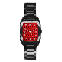 Charcoal And Red Peony Flower Pattern Stainless Steel Barrel Watch by GardenOfOphir