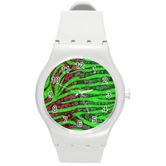 Florescent Green Zebra Print Abstract  Round Plastic Sport Watch (m)