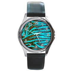 Turquoise Blue Zebra Abstract  Round Metal Watches