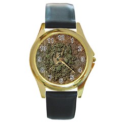 Elegant Clef With Floral Elements On A Background With Damasks Round Gold Metal Watches