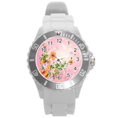 Beautiful Flowers On Soft Pink Background Round Plastic Sport Watch (l)