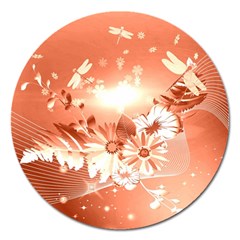 Amazing Flowers With Dragonflies Magnet 5  (round)