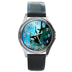 Orca Swimming In A Fantasy World Round Metal Watches