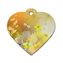 Beautiful Yellow Flowers With Dragonflies Dog Tag Heart (one Side)