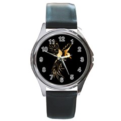 Beautiful Bird In Gold And Black Round Metal Watches