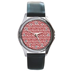 Red And White Owl Pattern Round Metal Watches by GardenOfOphir