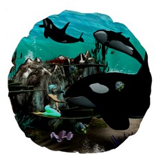 Cute Mermaid Playing With Orca Large 18  Premium Flano Round Cushions by FantasyWorld7