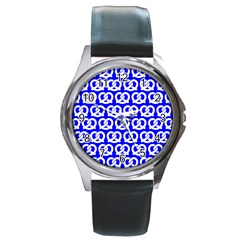 Blue Pretzel Illustrations Pattern Round Metal Watches by GardenOfOphir