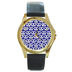 Navy Pretzel Illustrations Pattern Round Gold Metal Watches by GardenOfOphir