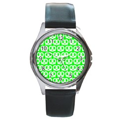 Neon Green Pretzel Illustrations Pattern Round Metal Watches by GardenOfOphir